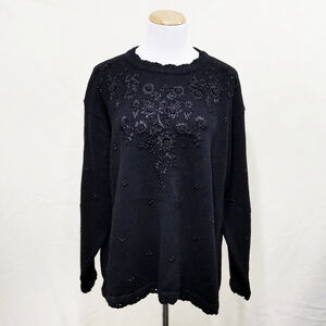 Vintage Sweater Solid Black Floral Beaded Lace women's size large whimsigoth